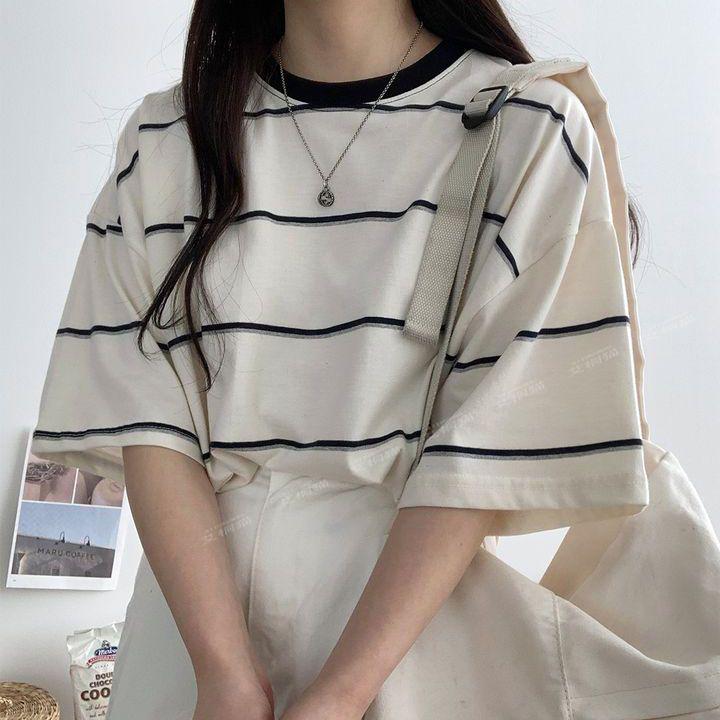 Women's Oversized Cotton T-Shirt: Trendy Korean Style, Short Sleeve, Mid-Length, Plus Size Summer Stripes.