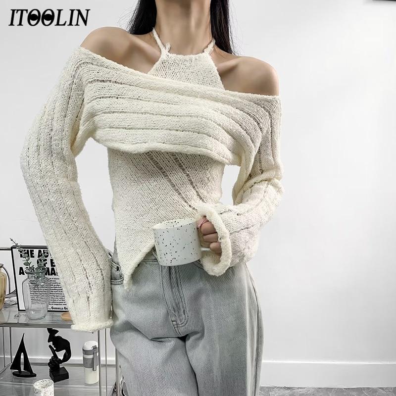 

ITOOLIN женские вязаные топы с лямкой на шее, комплект из двух предметов, сексуальные нерегулярные топы на бретелях, вязаная рубашка с длинными рукавами, осенняя женская уличная одежда