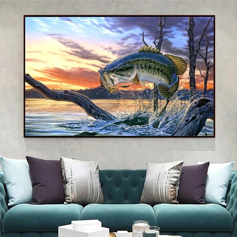 Jumping Largemouth Bass Fish Canvas Oil Painting On Wall Art Poster And Prints Lake Animal Picture Modern Home Decoration