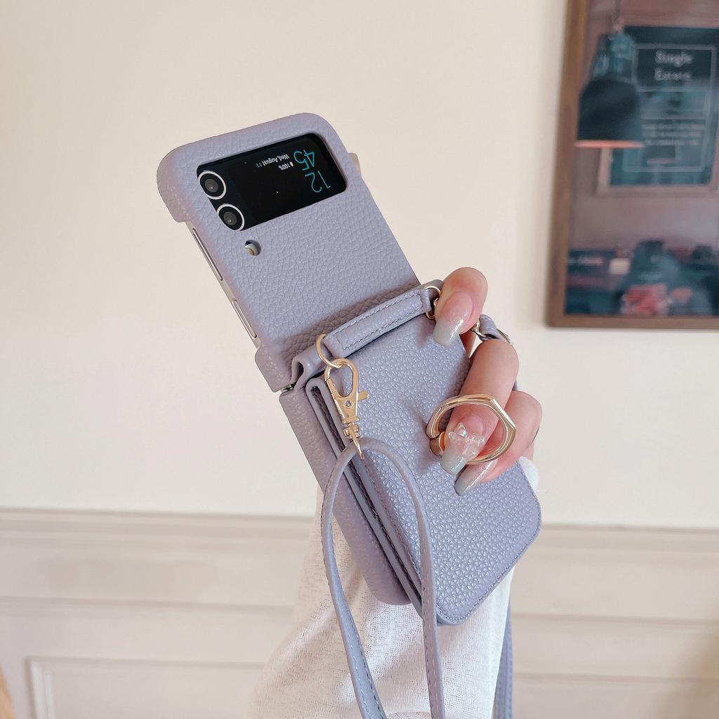 Applicable To Samsung ZFlip4 Folding Messenger Lychee Pattern Zflip3 Ring Mirror Card Bag Long Lanyard Protective Cover
