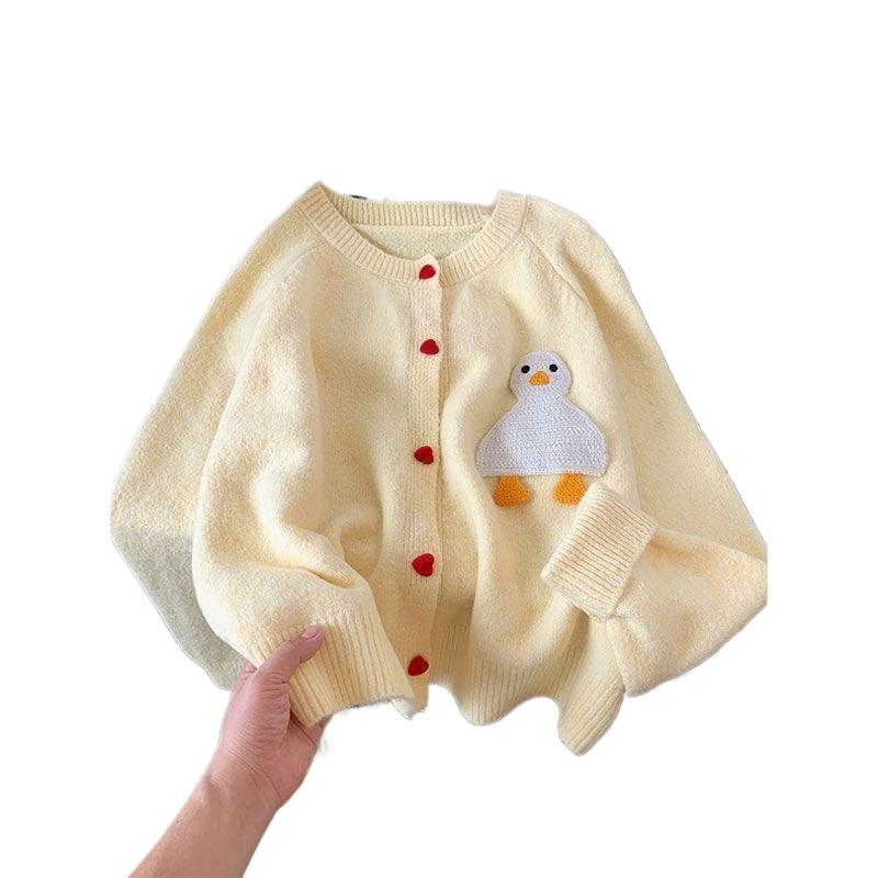 Cartoon Duck Women Cardigan Yellow Long Sleeved Knitted Stand Up Collar Sweater Short Autumn Winter Woman Slimming Top