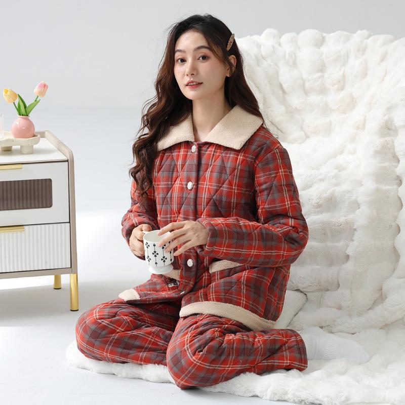 Pajamas Women'S Winter Three-Layer Thickened Fleece Woven Cotton Padded Coral Fleece Autumn And Winter Loungewear