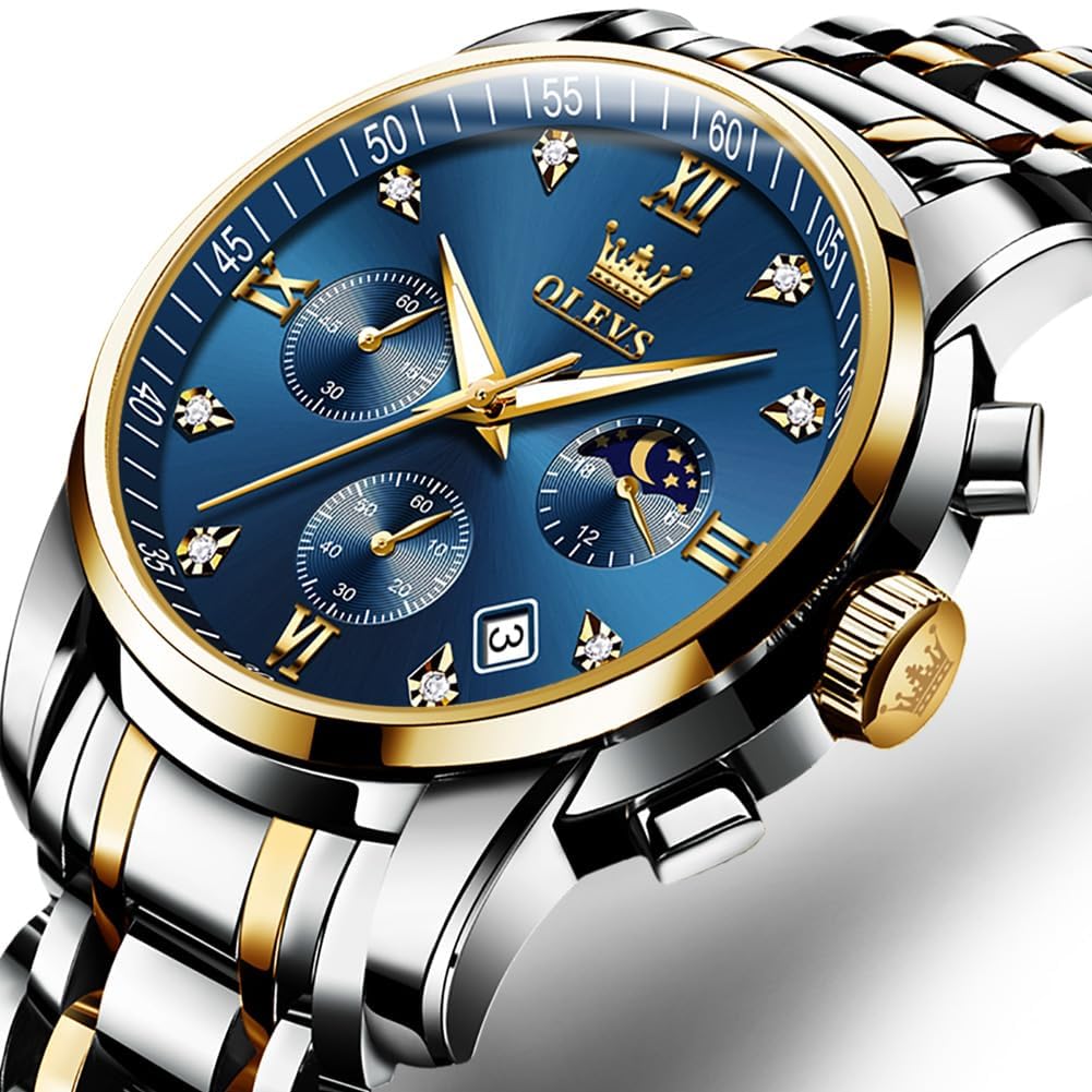 OLEVS Men's Watch with Moon Phase Timer, Quartz Movement, Stainless Steel Band, Simple and Fashionable, Waterproof, Luminous, Date Display, Blue