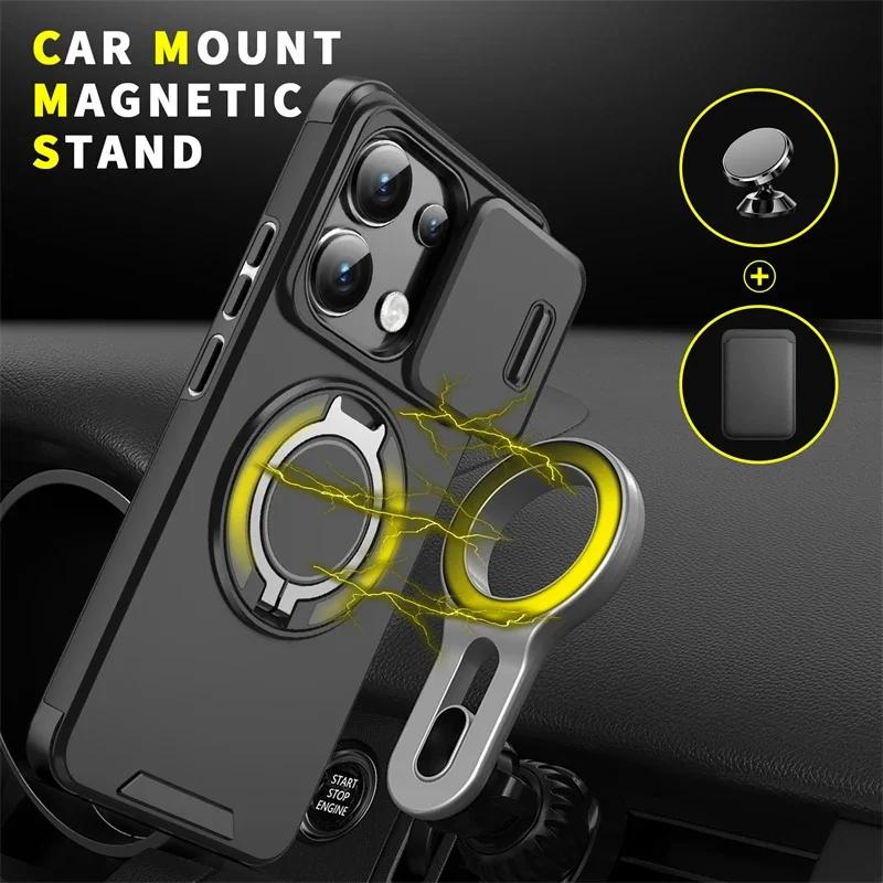 For Redmi Note 13 4G 14Pro Plus 5G Xiaomi 14T Pro Case Rugged Armor Plastic TPU Frame Magnetic Ring Holder Slide Camera Cover