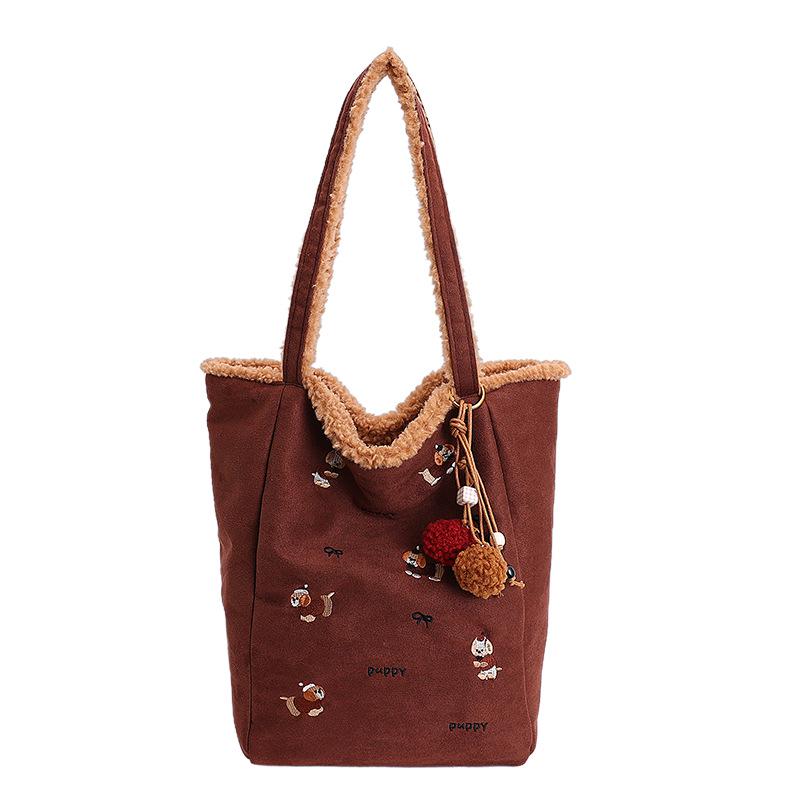 Embroidered Plush Tote Backpack - Double-Sided Design for Commuting