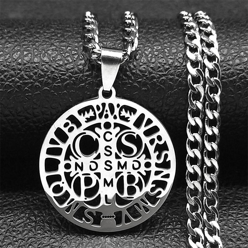 Saint Benedict Cspb Medal Pendant Necklace for Women/Men Stainless Steel Gold Color Jesus Cross Chain Jewelry collar N7437S02
