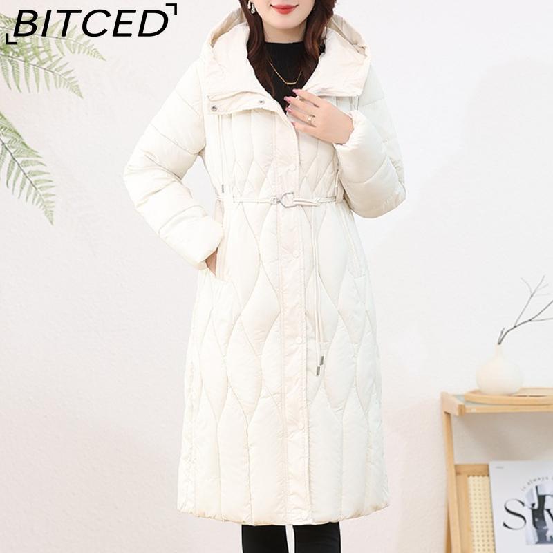 BITCED Women's Long-Length Winter Coat with Hood and Drawstring Waistband Fitted and Flattering Silhouette for a Slimming Effect