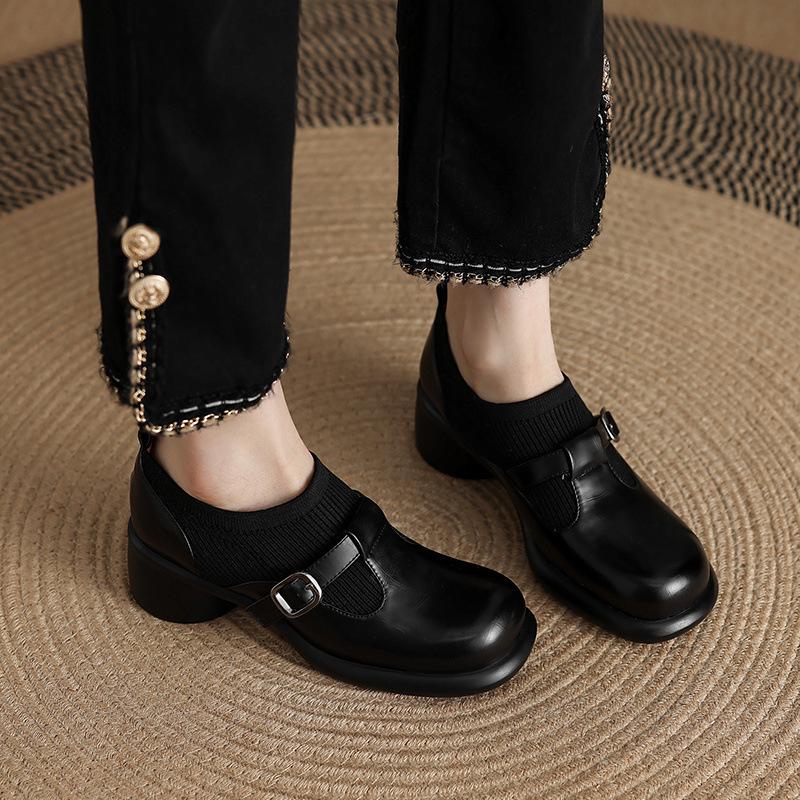 Large Size Flying Weaving Deep Mouth Single Shoes New Mary Jane Shoes Belt Buckle Thick Heel Small Leather Shoes