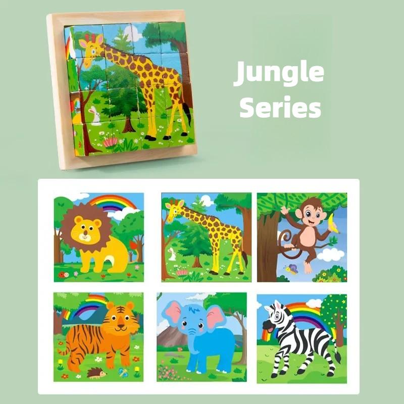 Wooden Six Sided Three-dimensional Painting Puzzle Children Early Education Transportation Animal Puzzle Building Blocks Souptoy