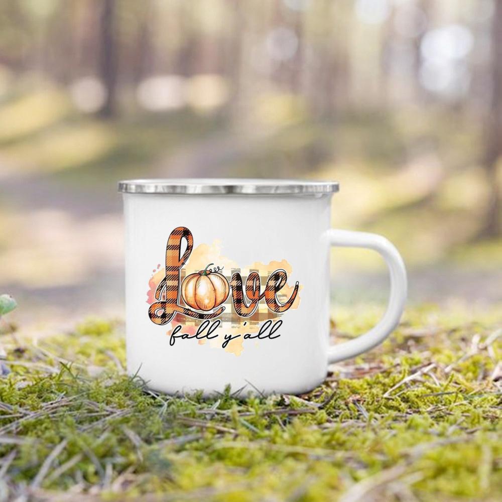 Hello Pumpkin Print Enamel Mugs Coffee Cups Fall Thanksgiving Party Juice Mug Handle Cup Autumn Holiday Gifts for Family Friends