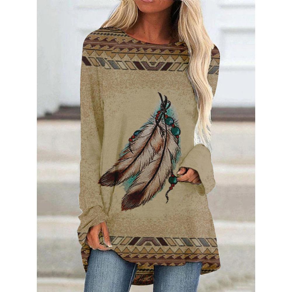 T-shirt z nadrukiem 3D Koszulki Damska Moda T-shirt Długi Rękaw Etniczne Top Topy Nadruk Natywny T-shirt Długie Top Damskie