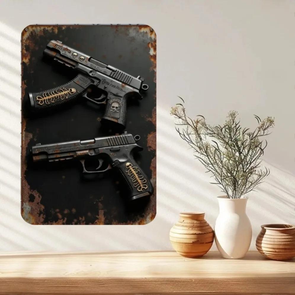 Vintage Metal Tin Sign 2D Tactical Pistol Wall Art for Man Cave Bar Garage