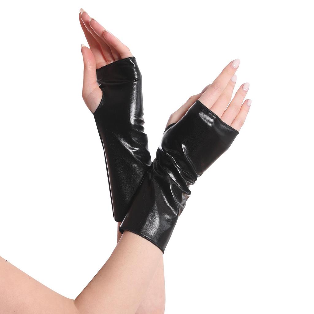Fingerless Black Patent Leather Short Gloves for Halloween, Punk, and Hip Hop Styles – Ideal for Stage Performances.