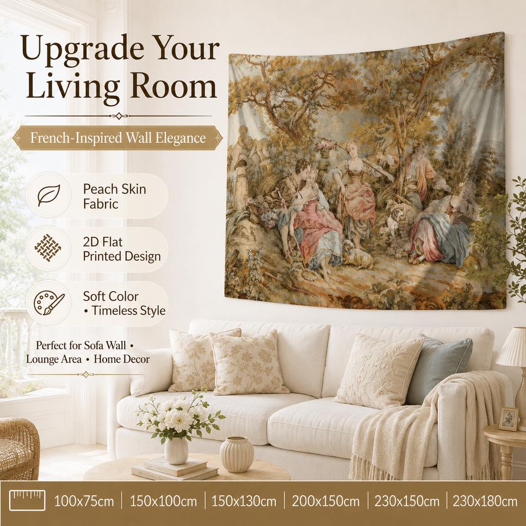 Vintage Renaissance Wandteppich 2D Flach Gedruckt Pfirsichhaut Wandbehang Pastoral Ölgemälde Kulisse Für Schlafzimmer Heimdekoration