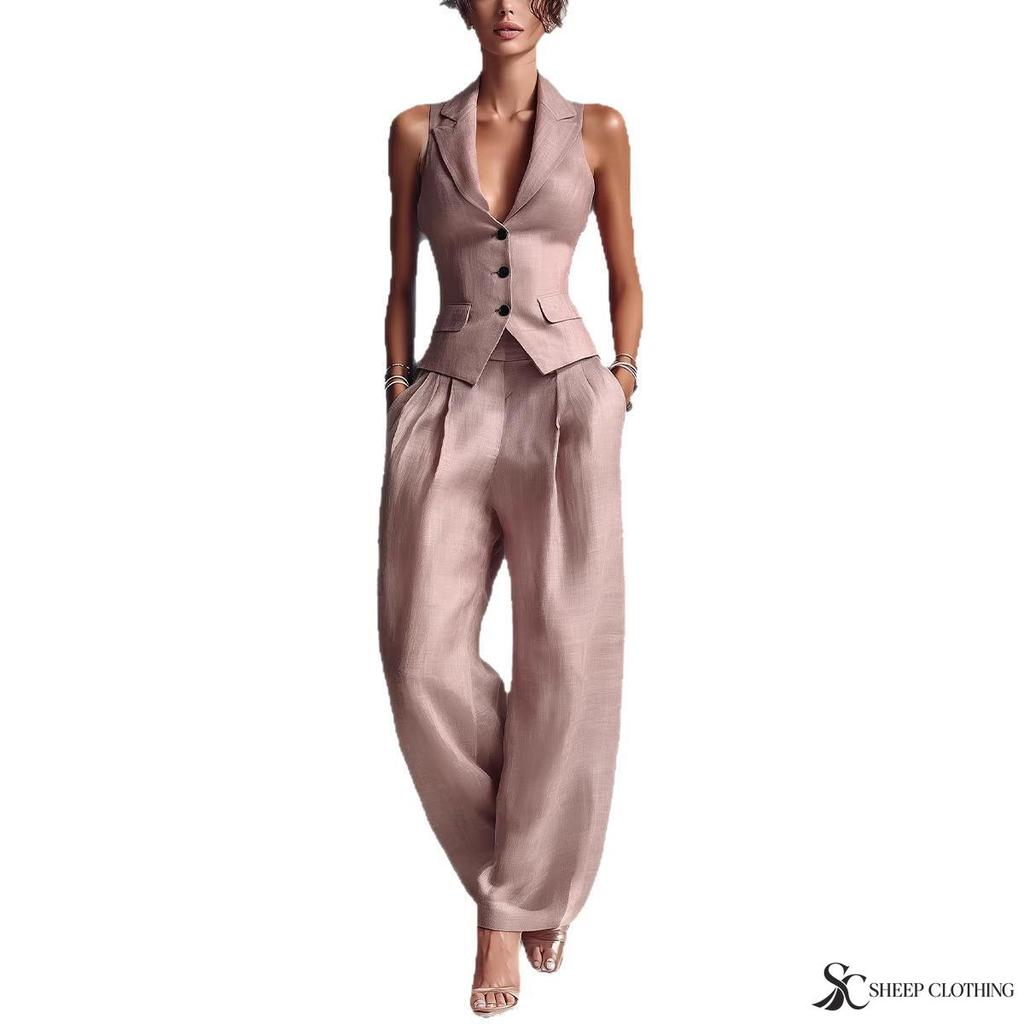 Women Two Piece Vest Pants Suit V Neck Sleeveless Button Waistcoat High Waist Pleated Wide Leg Trousers Business Office Outfit