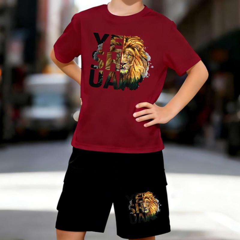 Boys 2 Piece Majestic Lion Print Outfit, Short Sleeve T-Shirt and Shorts Set for Kids Age 5-14,  Black and White Sporty Casual Summer Clothes