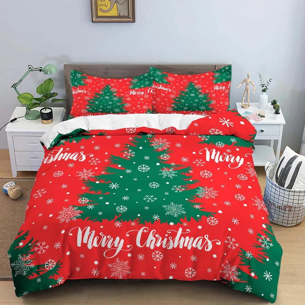 3D Christmas King Queen Duvet Cover Set Kids Cartoon Merry Christmas Red Quilt Cover 2/3pcs Polyester Beddings Set Single Double