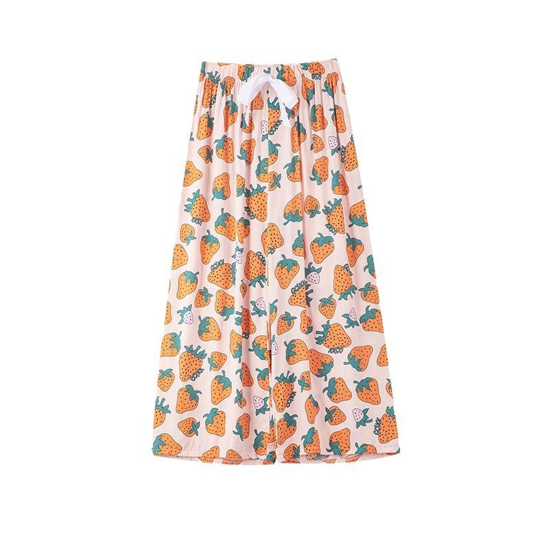 Damen Übergröße Baumwolle Viskose Pyjamahose, Cartoon-Blumendruck, Lockere Neun-Punkt-Strandhose, Outdoor-Bekleidung