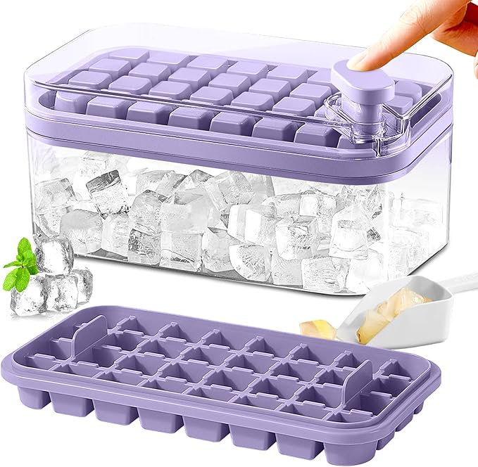 Ice cube tray with lid and container, 64 ice cube molds, easy-release ice cube tray with button release