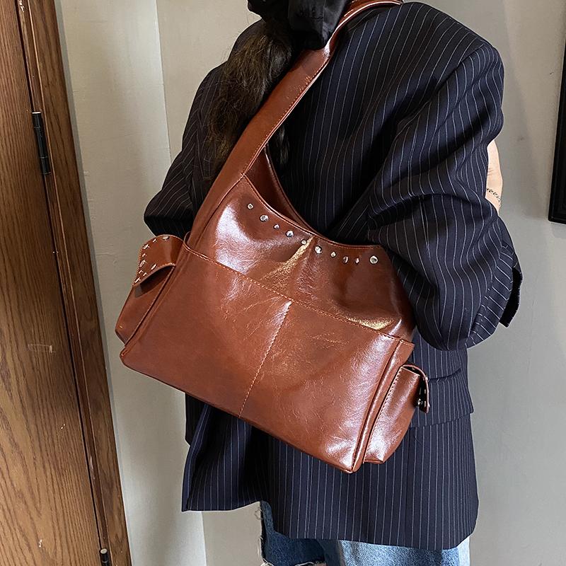 PU Hobo Bag Women's Fashion Shoulder Tote with Stud Detail Multiple Pockets Casual Everyday Handbag