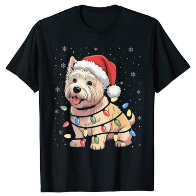 Westie Hund Weihnachtsbaum Lichter Hunde Weihnachten T-Shirt Herren Mode Vintage Sommer Stil Baumwolle Kurzarm Übergroßes T-Shirt Oberteile