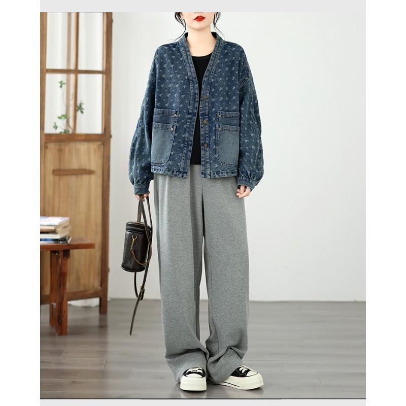 DIMANAF 2026 Herbst Winter Jeansjacken Mantel Print Floral Blau Lässig Langarm Damen Übergröße Locker Knöpfe Taschen Vintage Oberbekleidung