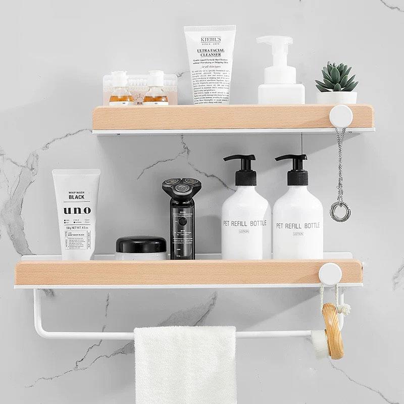 White Aluminum Bathroom Shelf Solid Wood Shower Storage Shelf Wall-mounted Toilet Shower Holder Rack Bathroom Accessories
