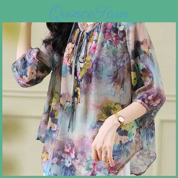 Womens Chiffon Shirt Summer Retro Loose Top Casual Floral Shirt