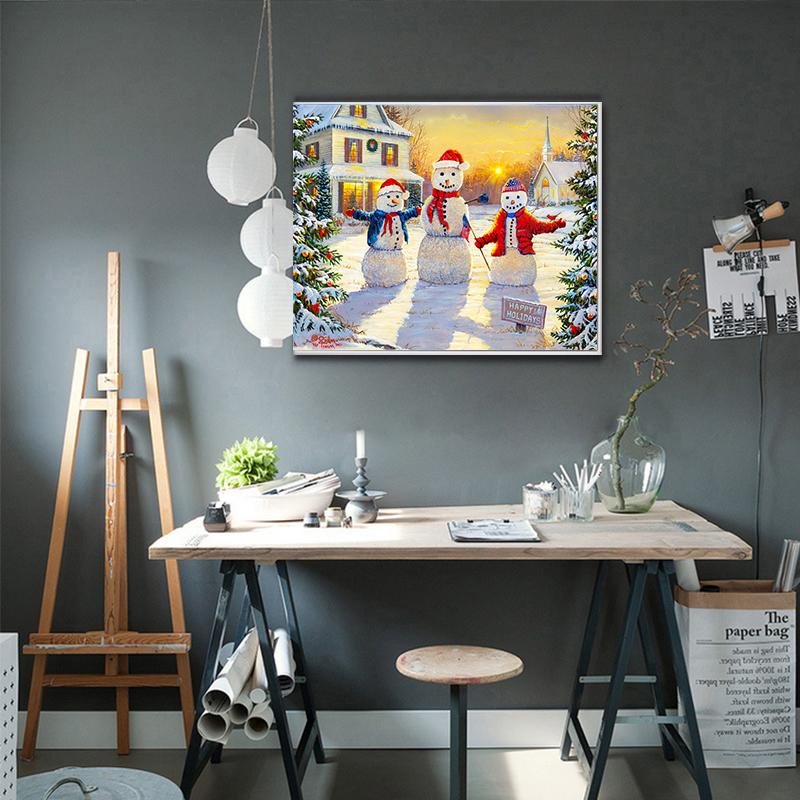 Vollständige quadratische Bohrer Diamantmalerei 5d Dämmerung Schneelandschaft DIY Mosaik Diamantstickerei Kreuzstich Drei kleine Schneemänner Weihnachten Heimdeko Geschenk