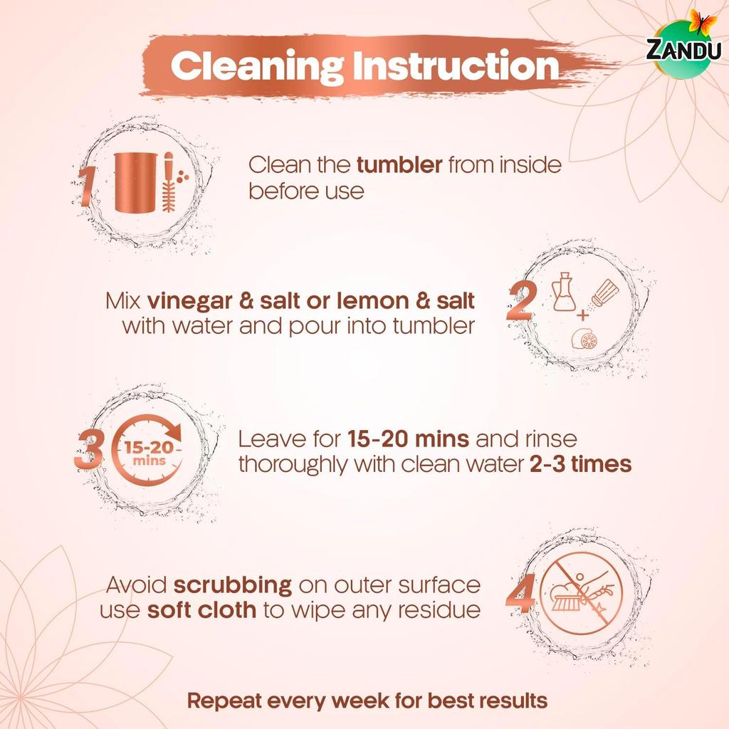 Zandu Pure Copper Water Tumbler Set 2 x 300 ml Eco Friendly BPA Free Reusable Drinking Cups For Home Kitchen Use