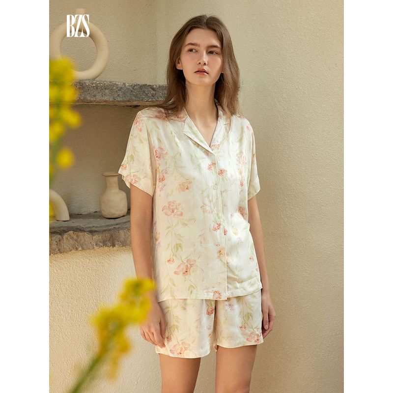 2024 New Arrival Rayon Satin Florals Print Short Sleeve Shorts Pajamas Suit Plaid Casual Suitable for Daily Wear Homewear
