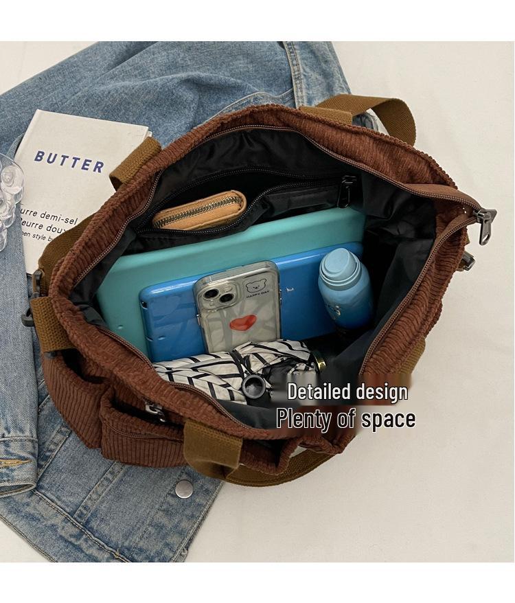 Versatile Large-Capacity Corduroy Shoulder Bag for Women - New Korean Style