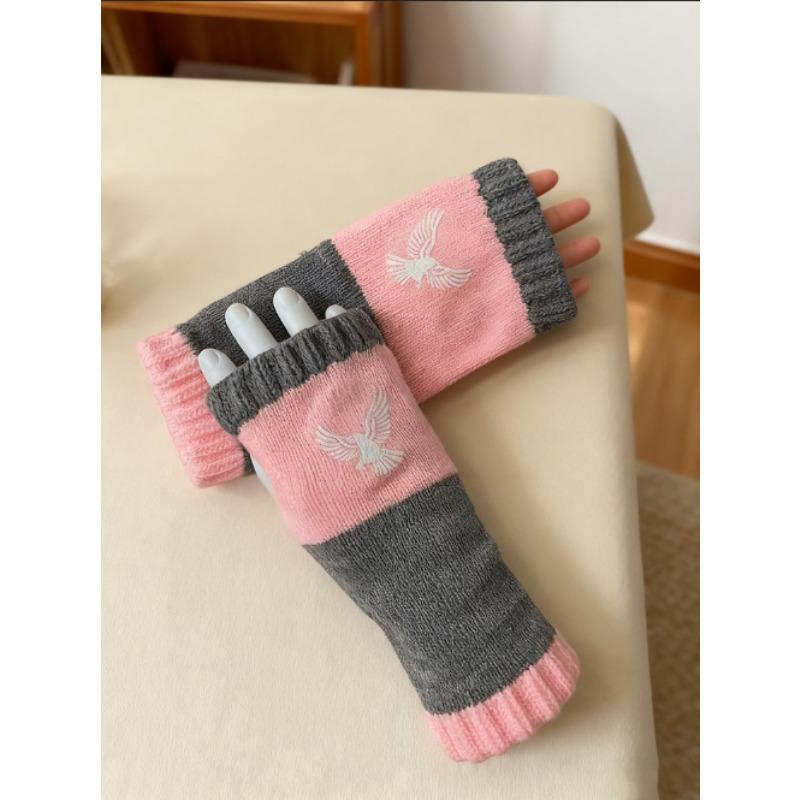 Gants en tricot sans doigts avec broderie de chat et patchwork, Gants décontractés ouverts aux doigts tendance pour femme, Mitaines chaudes d'hiver sans doigts
