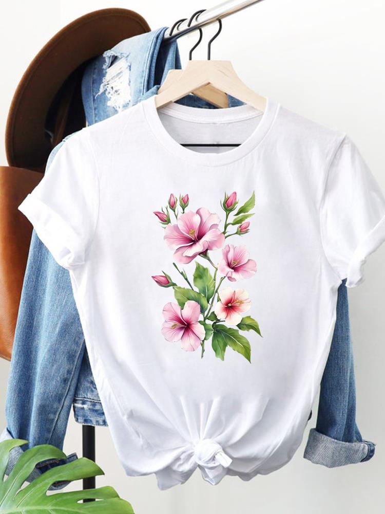 (Asian Size) Trend Flower Lovely Clothing Women Fashion Print Short Sleeve Tee Top Female T Shirt Woman Graphic T-shirts