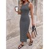 Women Summer Sleeveless Backless Black White Striped Slit High Waist Bodycon Long Dress