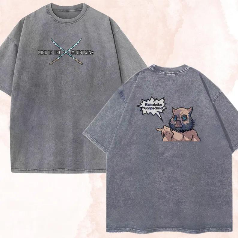 Hashibira Inosuke Printed Tee Anime Demon Slayer Clothing Men Women Retro Washed T-shirts Short Sleeve Tshirt Harajuku T Shirt