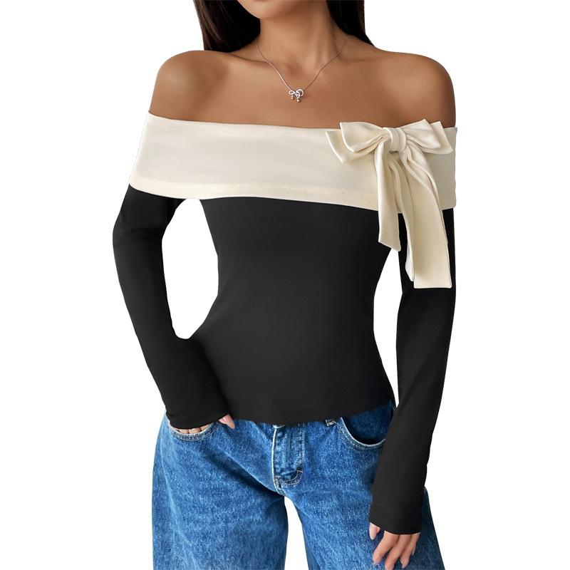 Fashionable Short Top with Long Sleeves Off-shoulder One-length Bow Tie