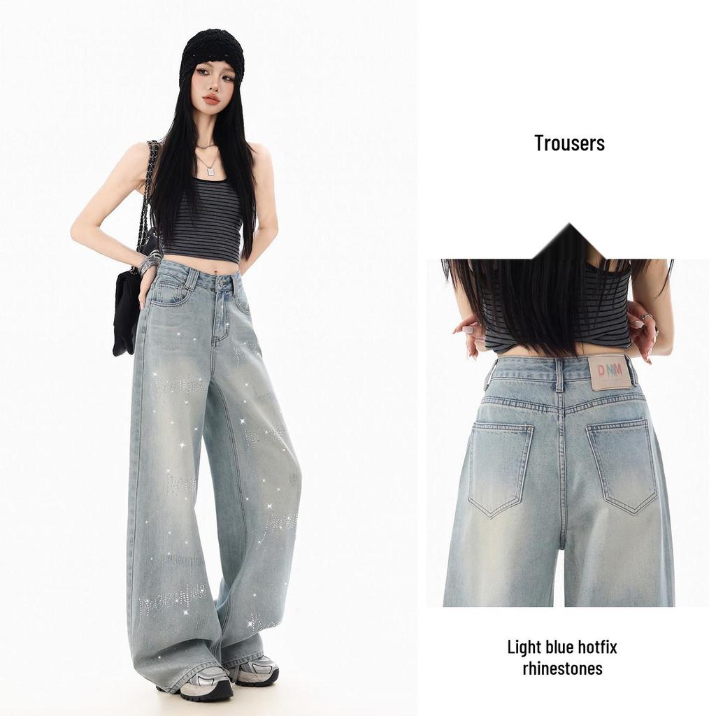 Women's Rhinestone Star Wide Leg Jeans - 2026 Spring/Autumn, Loose & Flattering Floor-Length Pants