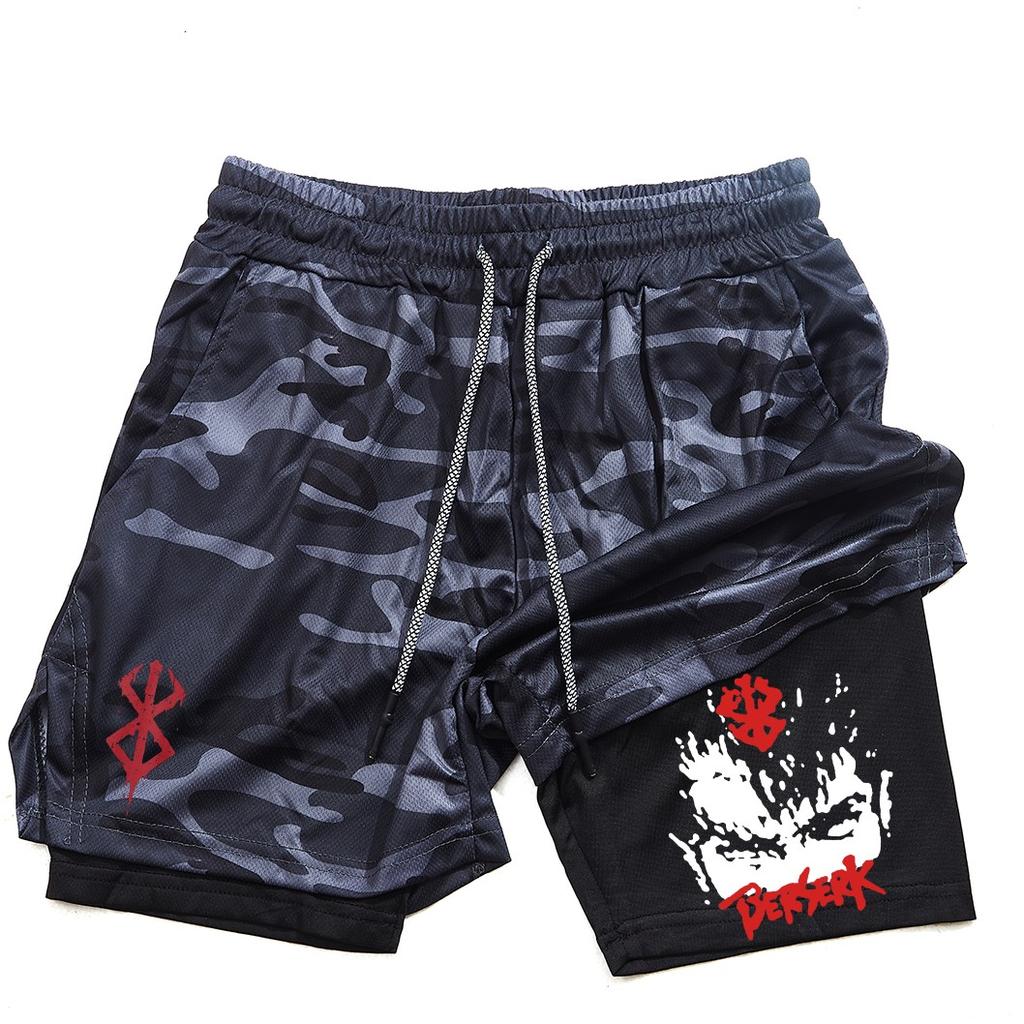 Pantalones cortos de gimnasio para hombre, ropa deportiva 2 en 1 de Anime para correr, trotar, entrenamiento, Yoga, baloncesto
