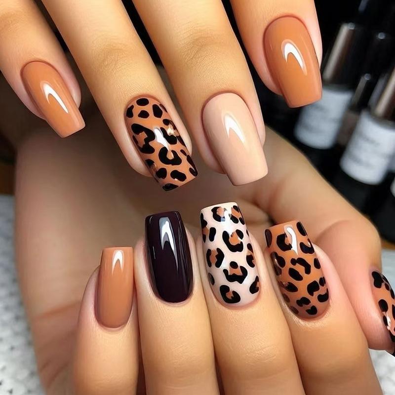 24Pcs Brown Floral Long Ballet Press On Nails Detachable Full Cover False Nail Tips Manicure