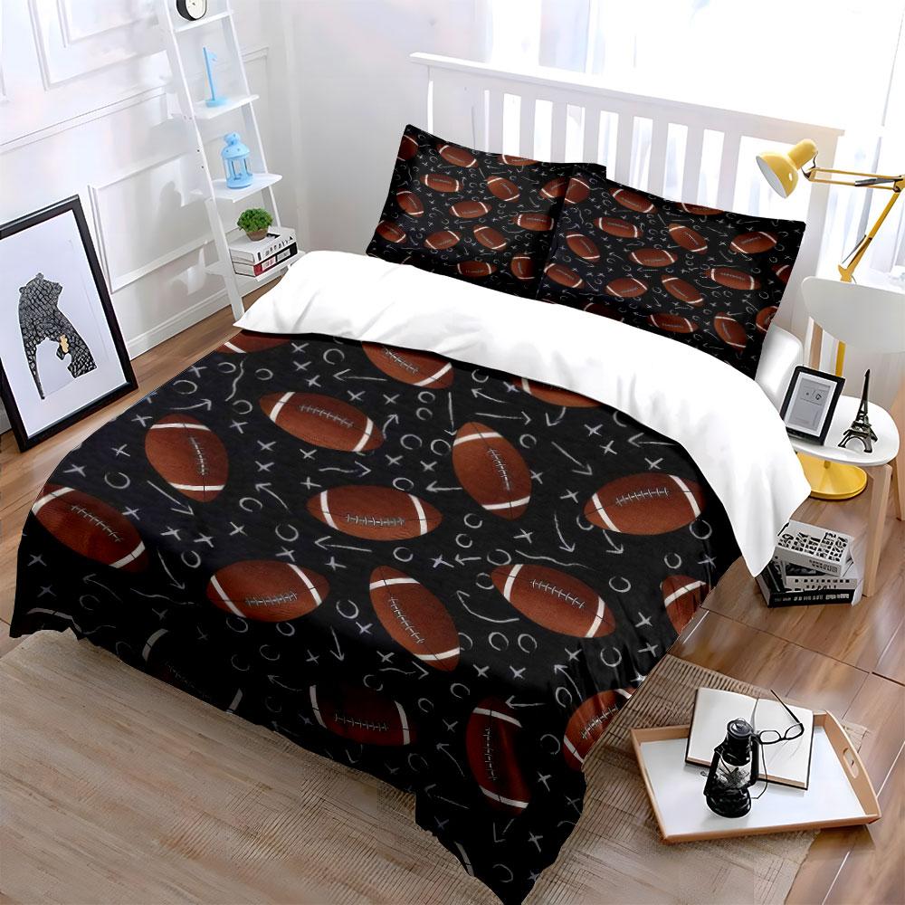 3Pcs Football Fan Bedding Set, Bold Brown Football With Play Symbols On Black Print Duvet Cover, Energetic Sports Bedroom Decor