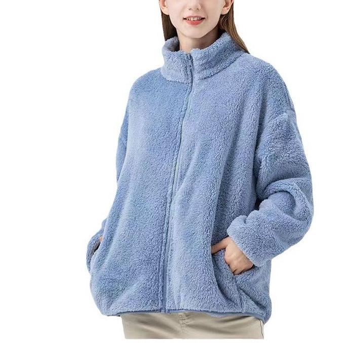 Women's Reversible Fleece Jacket with Stand Collar - Cozy, Loose Solid Color Hoodie for Autumn & Winter