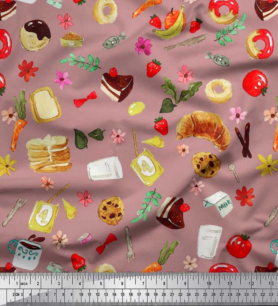 Soimoi Japan Crepe Satin Fabric Fruits,Bread & Donut Food Decor Fabric Printed metre 42 Inch