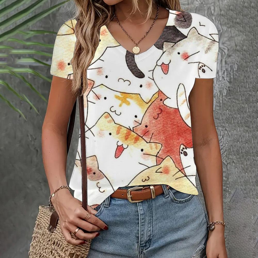 Women's T-shirt 3d Cat Print Short Sleeve Summer Fashion V-neck Top Loose Casual Half Sleeve Elegant Clothing Women's T-shirt