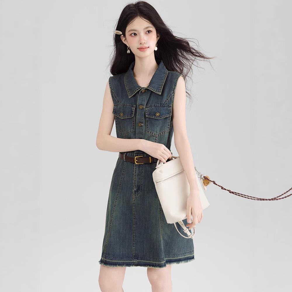 Hong Kong style temperament collar sleeveless vest dress women's summer small slim denim skirt