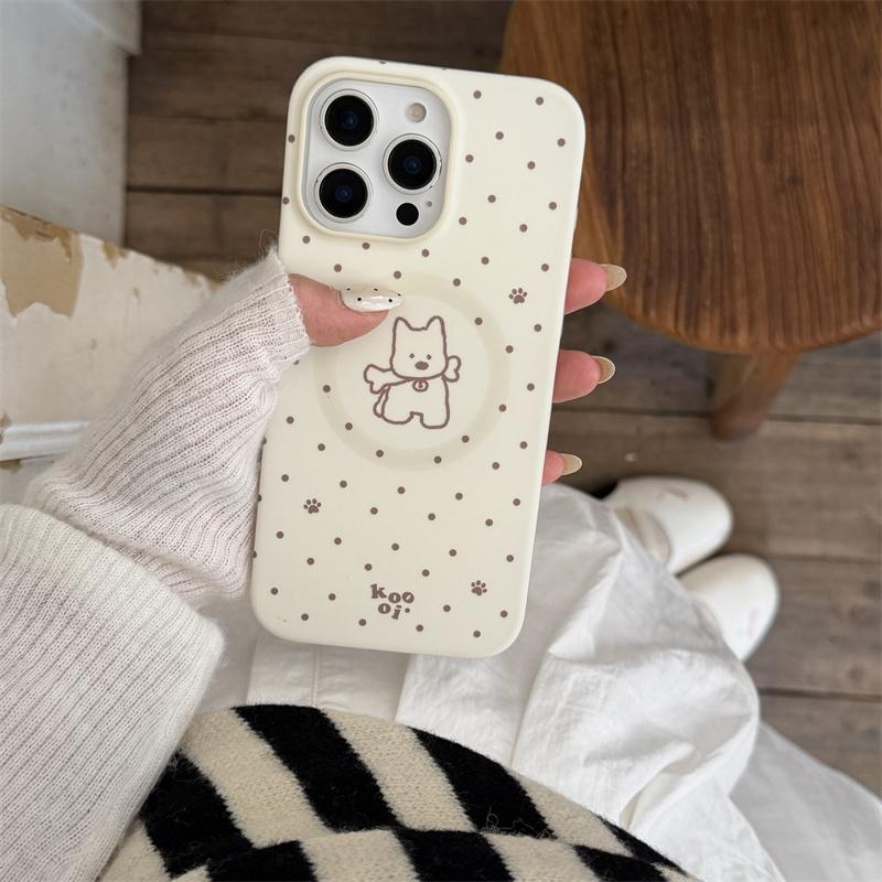 Magnetic Double Layer Beige Polka Dot Puppy Phone Case For iPhone 17 Pro 16 15 14 17 Pro Max Shockproof Cover Girl 17pro