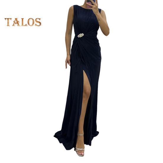 Abendkleid für Damen, plissiert, Schlitzsaum, bodenlang, einfarbig, Strass-Dekor, ärmellos, Rundhalsausschnitt, hohe Taille, Strass-Dekor, Abschlussball, Cocktailparty