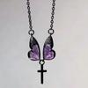 Gothic Style Purple Color Butterfly Wing Cross Pendant Necklace for Women Retro Creativity Jewelry Clavicle Chain Punk Gift