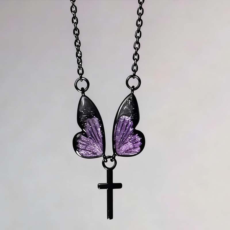 

Gothic Style Purple Color Butterfly Wing Cross Pendant Necklace for Women Retro Creativity Jewelry Clavicle Chain Punk Gift