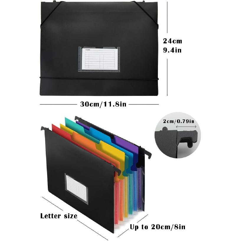 TRANBO 7-Pockets Hanging File Folder with Retractable Hooks for Filing Cabinet, Letter Size Expandable Accordion File Organizer with Elastic Band for